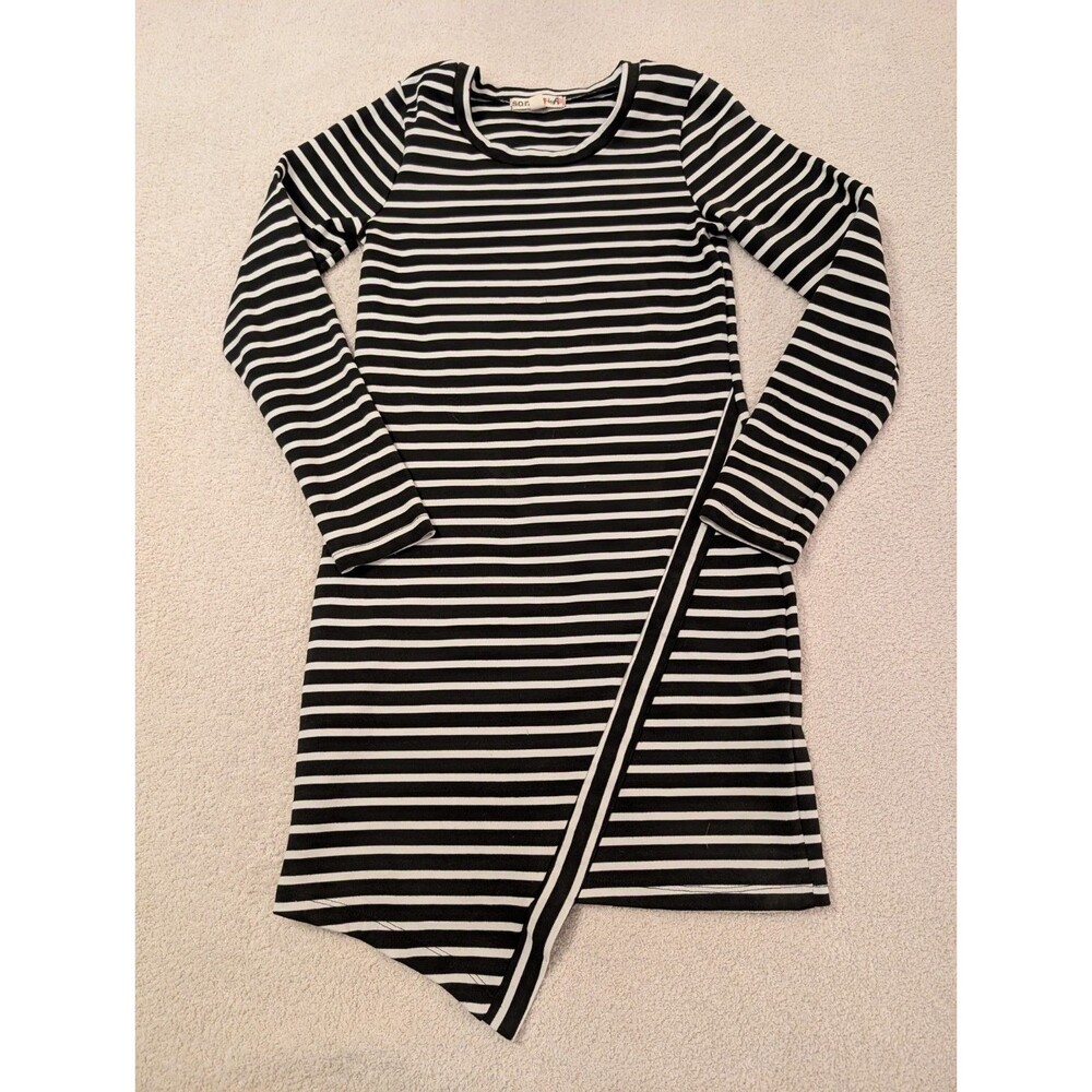SO RAD Black and White Striped Asymmetrical Hem Long Sleeved Dress Ladies MEDIUM